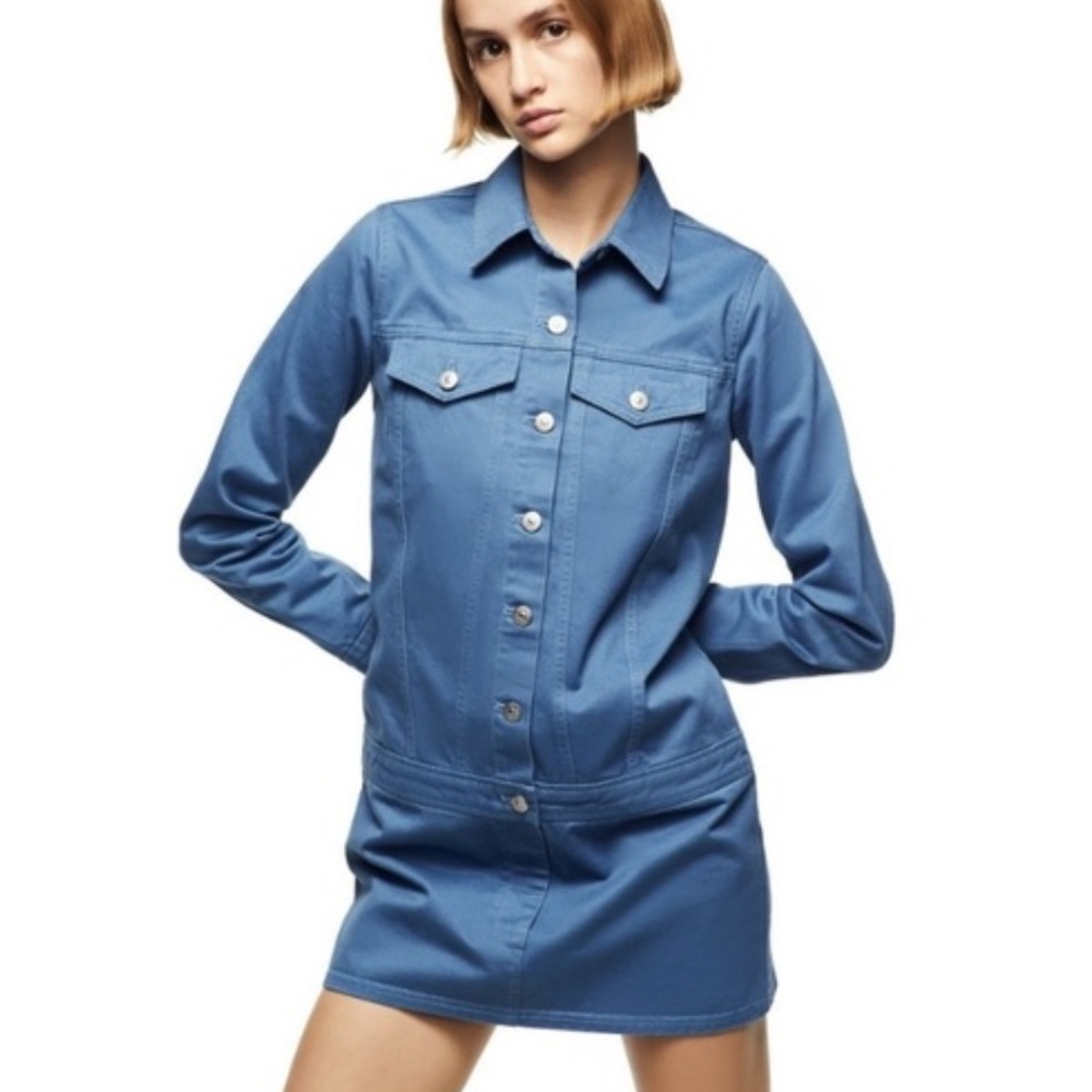 Zara blue utility dress medium Silver Buttons mini long sleeve dress